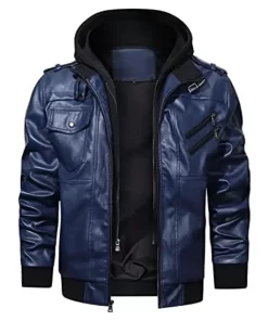 Men’s Navy Blue Faux Leather Jacket with Removable Hood 7 mens-blue-faux-leather-jacket-with-removable-hood