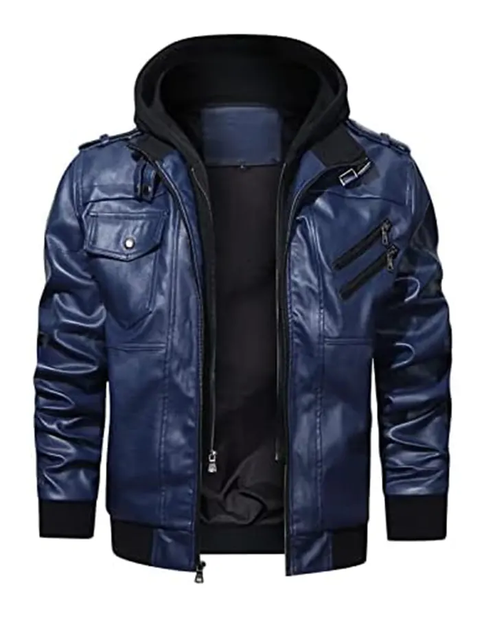 Men’s Navy Blue Faux Leather Jacket with Removable Hood 3 mens-blue-faux-leather-jacket-with-removable-hood