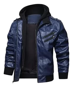 Men’s Navy Blue Faux Leather Jacket with Removable Hood 8 mens-blue-faux-leather-jacket-with-removable-hood