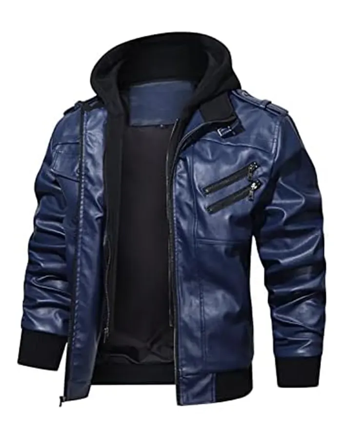 Men’s Navy Blue Faux Leather Jacket with Removable Hood 4 mens-blue-faux-leather-jacket-with-removable-hood