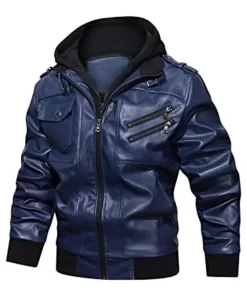 Men’s Navy Blue Faux Leather Jacket with Removable Hood 9 mens-blue-faux-leather-jacket-with-removable-hood