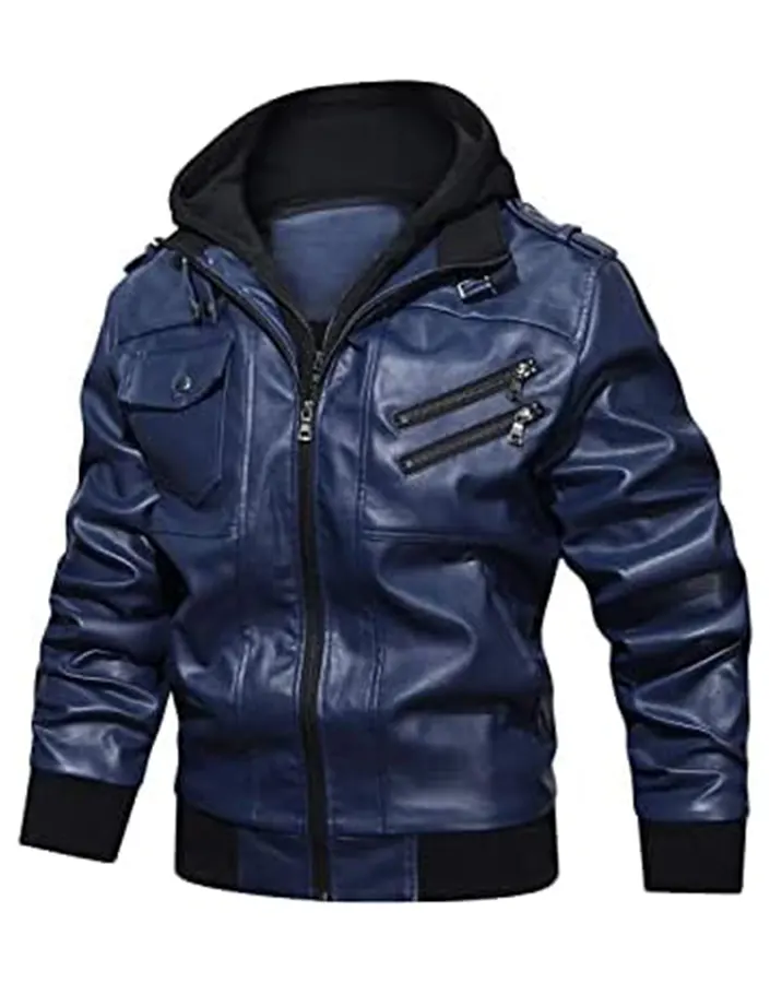 Men’s Navy Blue Faux Leather Jacket with Removable Hood 5 mens-blue-faux-leather-jacket-with-removable-hood