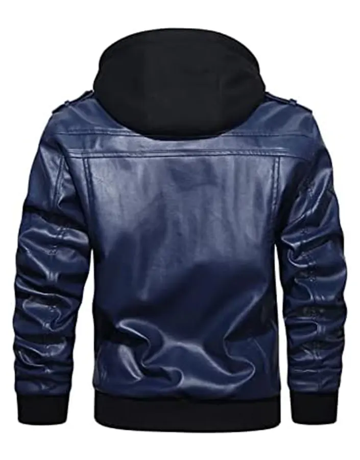 Men’s Navy Blue Faux Leather Jacket with Removable Hood 2 mens-blue-faux-leather-jacket-with-removable-hood