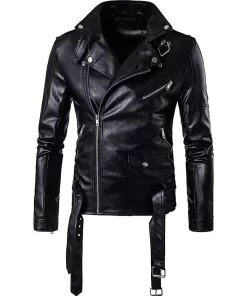 mens-casual-belted-black-faux-leather-jacket