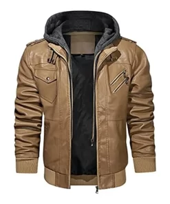 Men’s Khaki Faux Leather Jacket with Removable Hood 7 mens-khaki-faux-leather-jacket-with-removable-hood