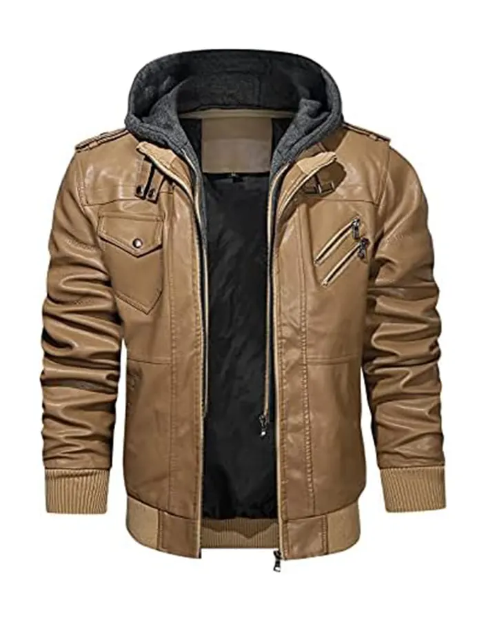 Men’s Khaki Faux Leather Jacket with Removable Hood 3 mens-khaki-faux-leather-jacket-with-removable-hood