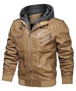 Men’s Khaki Faux Leather Jacket with Removable Hood 8 mens-khaki-faux-leather-jacket-with-removable-hood