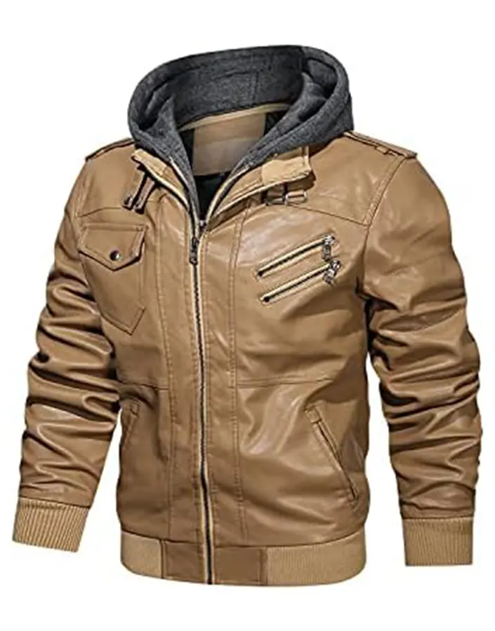 Men’s Khaki Faux Leather Jacket with Removable Hood 4 mens-khaki-faux-leather-jacket-with-removable-hood