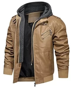 Men’s Khaki Faux Leather Jacket with Removable Hood 9 mens-khaki-faux-leather-jacket-with-removable-hood