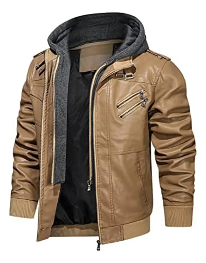 Men’s Khaki Faux Leather Jacket with Removable Hood 5 mens-khaki-faux-leather-jacket-with-removable-hood