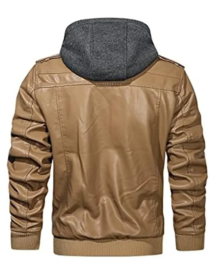 Men’s Khaki Faux Leather Jacket with Removable Hood 2 mens-khaki-faux-leather-jacket-with-removable-hood