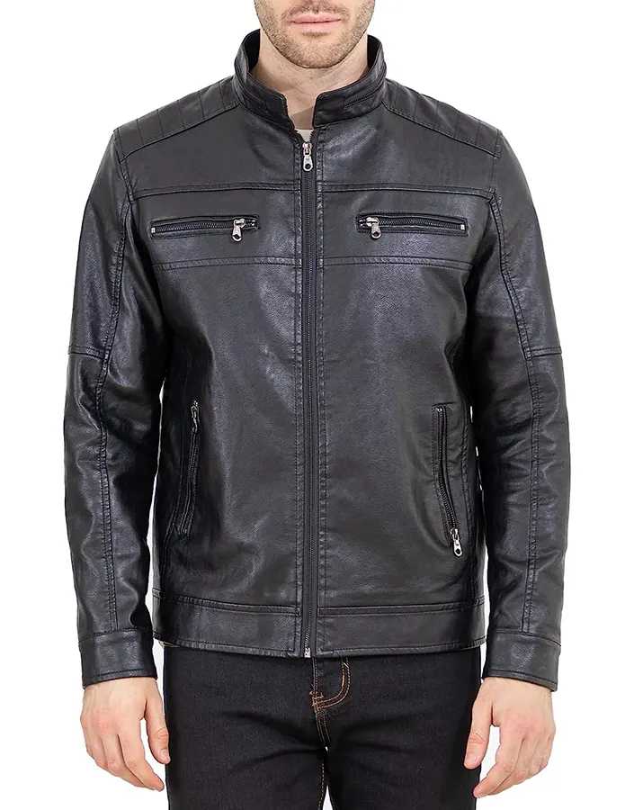 Men's Slim Fit Stand Collar Black Faux Leather Jacket 1 mens-slim-fit-stand-collar-black-faux-leather-jacket