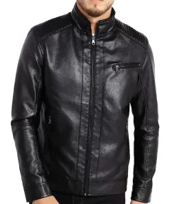 mens-stand-collar-black-faux-leather-jacket