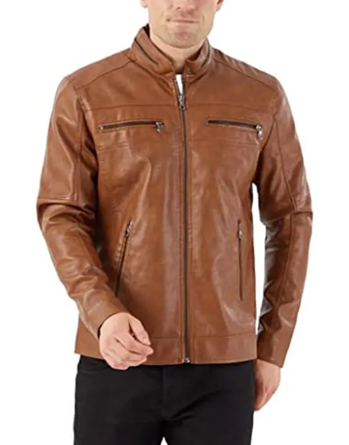 Men's Stand Collar Khaki Faux Leather Jacket 1 mens-stand-collar-khaki-faux-leather-jacket