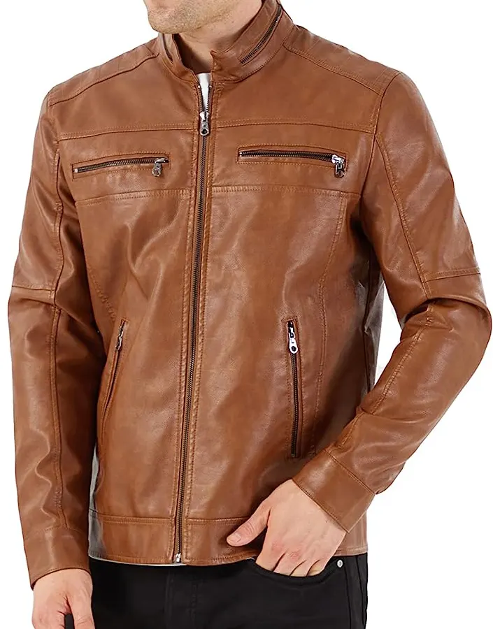 Men's Stand Collar Khaki Faux Leather Jacket 3 mens-stand-collar-khaki-faux-leather-jacket