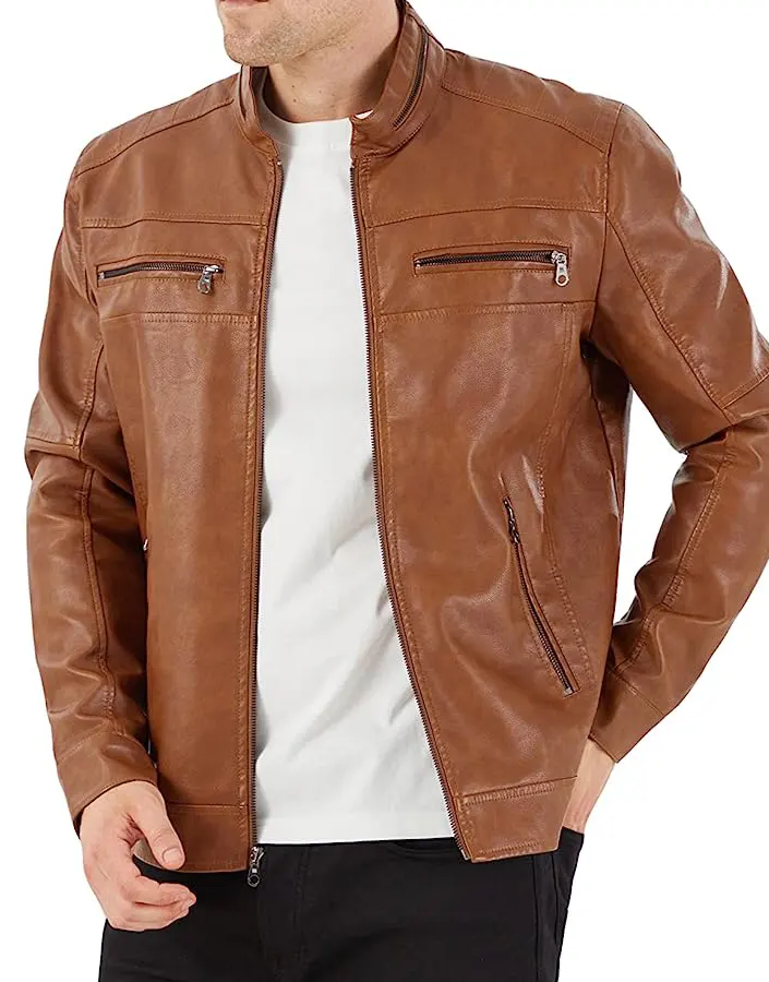 Men's Stand Collar Khaki Faux Leather Jacket 4 mens-stand-collar-khaki-faux-leather-jacket