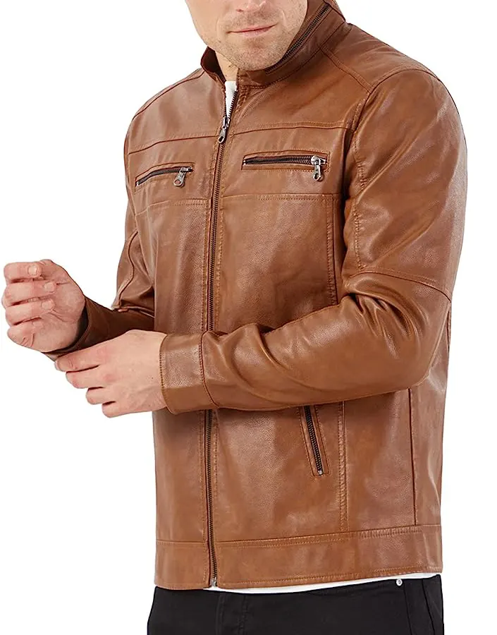 Men's Stand Collar Khaki Faux Leather Jacket 5 mens-stand-collar-khaki-faux-leather-jacket