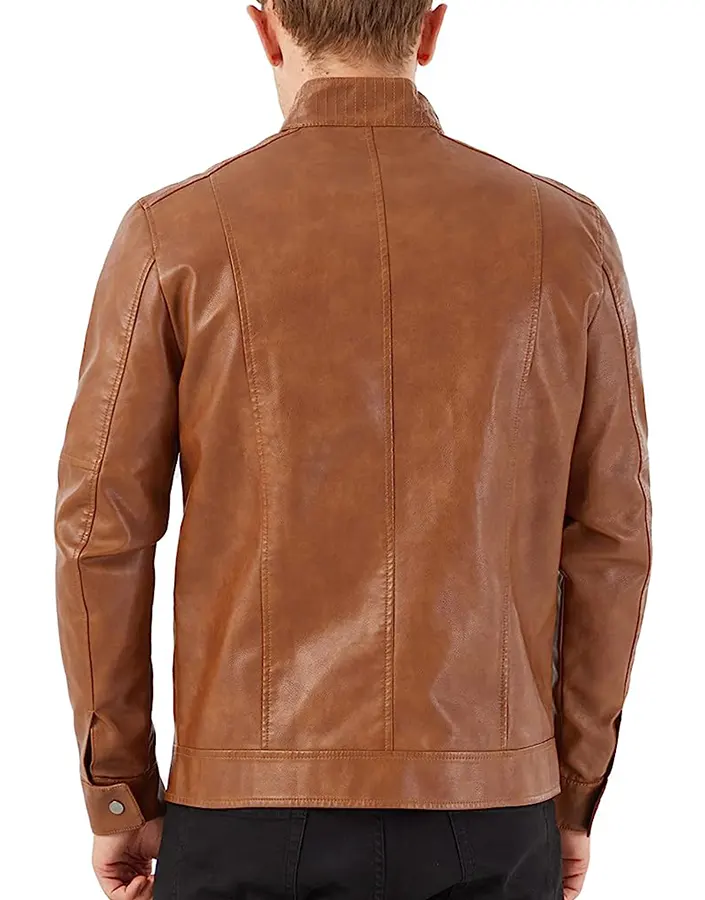 Men's Stand Collar Khaki Faux Leather Jacket 2 mens-stand-collar-khaki-faux-leather-jacket