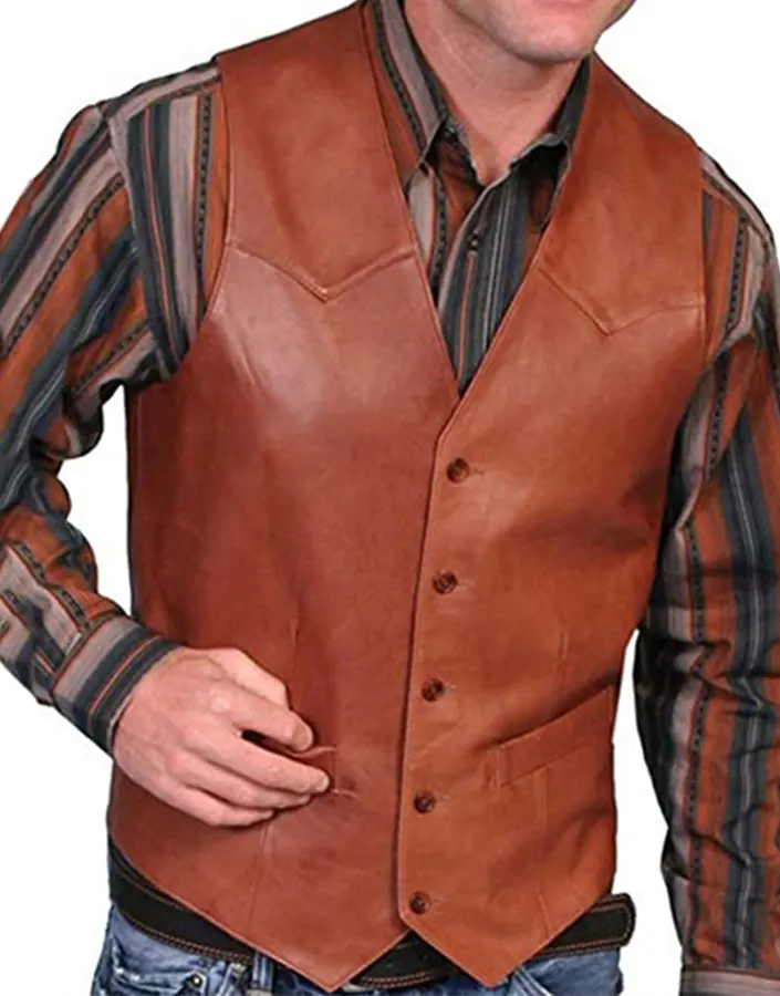 Men's V Neck Collar Brown Faux Leather Vest 3 mens-v-neck-collar-brown-faux-leather-vest
