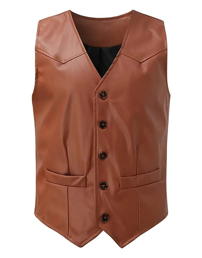 Men's V Neck Collar Brown Faux Leather Vest 1 mens-v-neck-collar-brown-faux-leather-vest