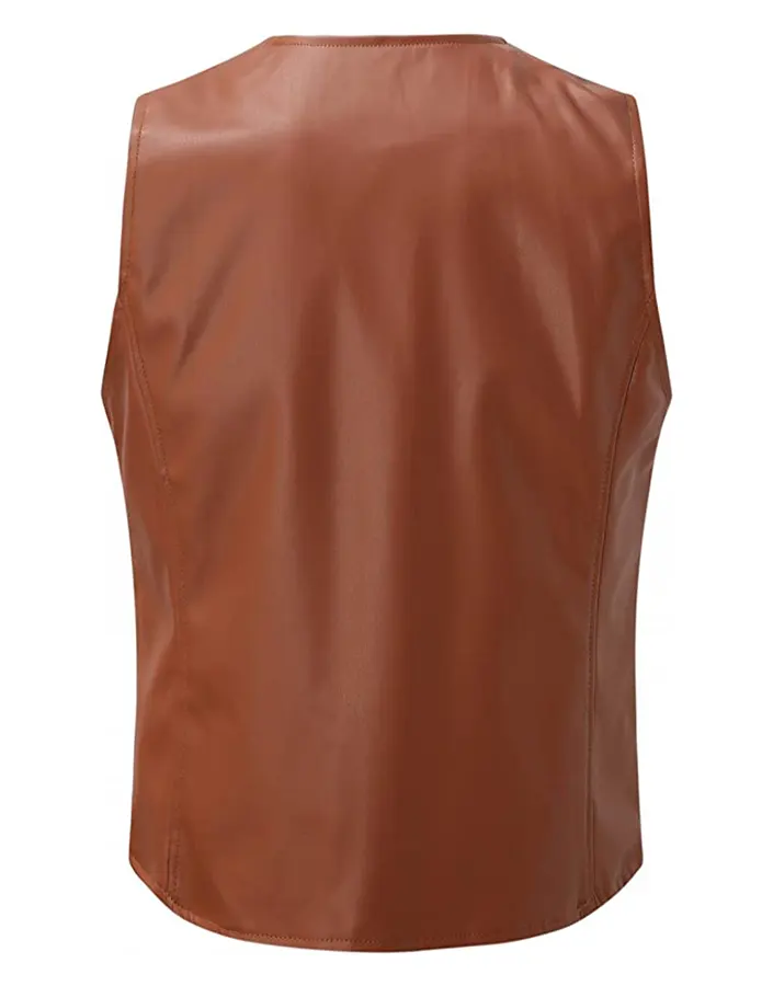 Men's V Neck Collar Brown Faux Leather Vest 2 mens-v-neck-collar-brown-faux-leather-vest