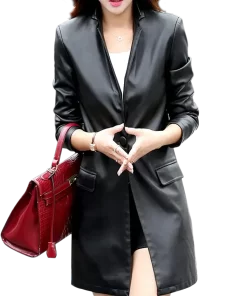 womens-black-faux-leather-mid-length-coat