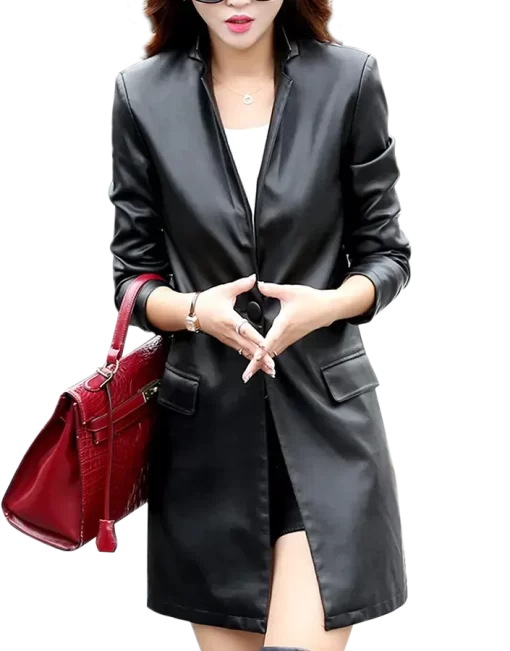 womens-black-faux-leather-mid-length-coat