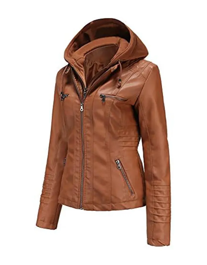 Women’s Brown Faux Leather Jacket with Removable Hood 1 womens-brown-faux-leather-jacket-with-removable-hood
