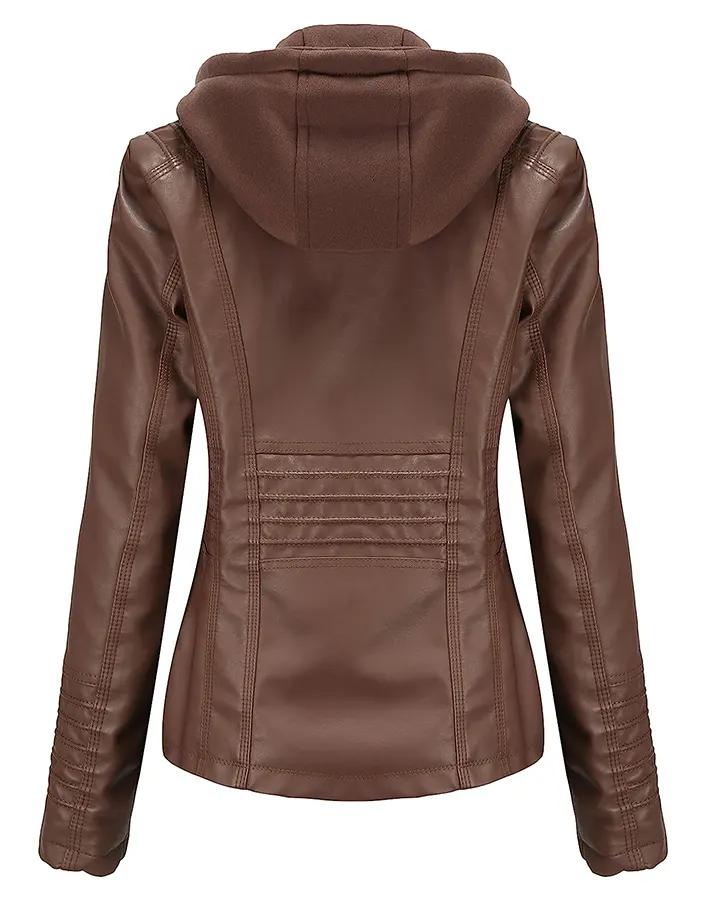 Women’s Coffee Brown Faux Leather Jacket with Removable Hood 2 womens-coffee-brown-faux-leather-jacket-with-removable-hood