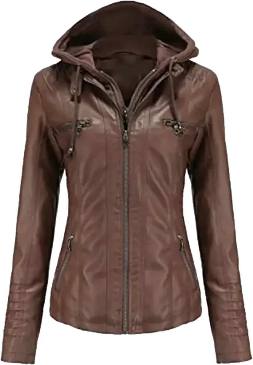 Women’s Coffee Brown Faux Leather Jacket with Removable Hood 1 womens-coffee-brown-faux-leather-jacket-with-removable-hood