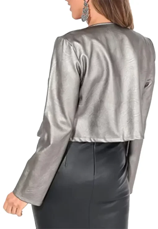 Women's Cropped Grey Faux Leather Jacket - Image 2