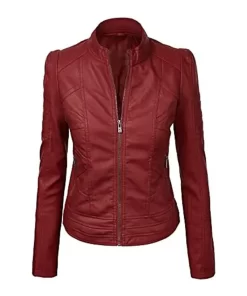 womens-maroon-faux-leather-slim-fit-jacket