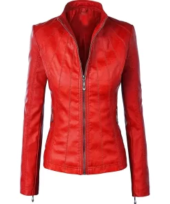 womens-red-faux-leather-slim-fit-zip-up-jacket