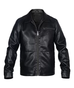 mens-black-faux-leather-shirt-collar-jacket