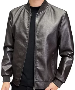 mens-black-faux-leather-slim-fit-bomber-jacket