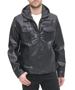 mens-black-faux-leather-trucker-hooded-jacket