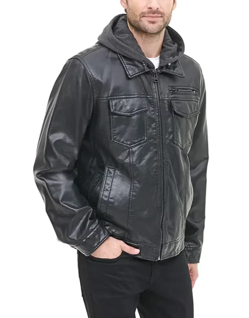 mens-black-faux-leather-trucker-hooded-jacket