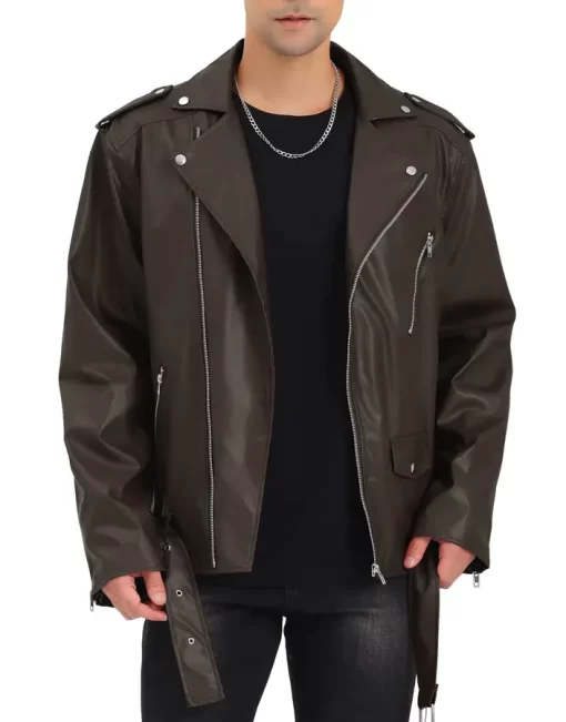 mens-brown-faux-leather-belted-jacket