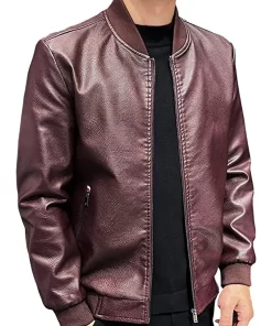 mens-burgundy-faux-leather-slim-fit-bomber-jacket
