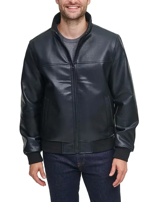 mens-casual-wear-black-faux-leather-bomber-jacket