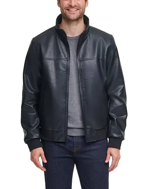 mens-casual-wear-black-faux-leather-bomber-jacket