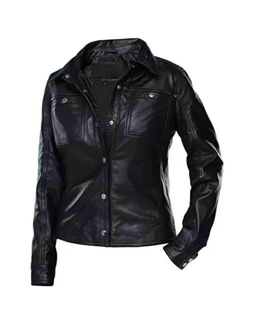 womens-button-front-shirt-collar-black-faux-leather-jacket