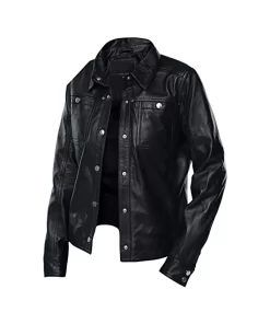 womens-button-front-shirt-collar-black-faux-leather-jacket
