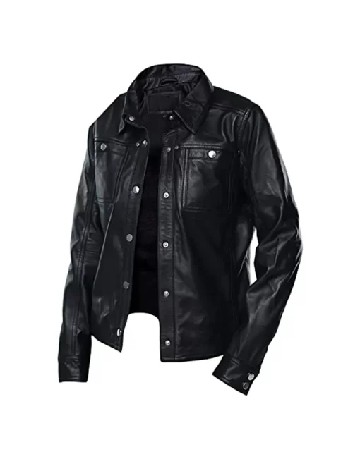 womens-button-front-shirt-collar-black-faux-leather-jacket