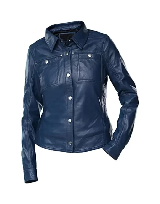 womens-button-front-shirt-collar-blue-faux-leather-jacket