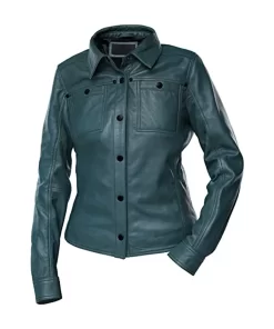 womens-button-front-shirt-collar-green-faux-leather-jacket