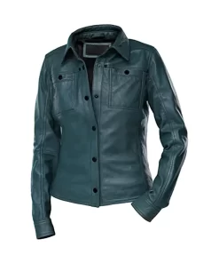 womens-button-front-shirt-collar-green-faux-leather-jacket