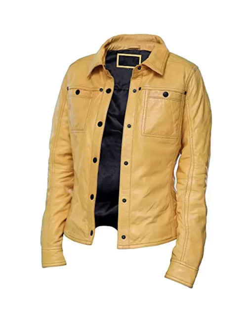 womens-button-front-shirt-collar-yellow-faux-leather-jacket