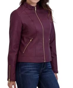 womens-casual-zipper-pockets-maroon-faux-leather-jacket