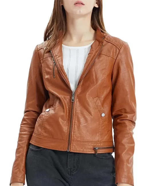 womens-snap-button-collar-brown-faux-leather-jacket
